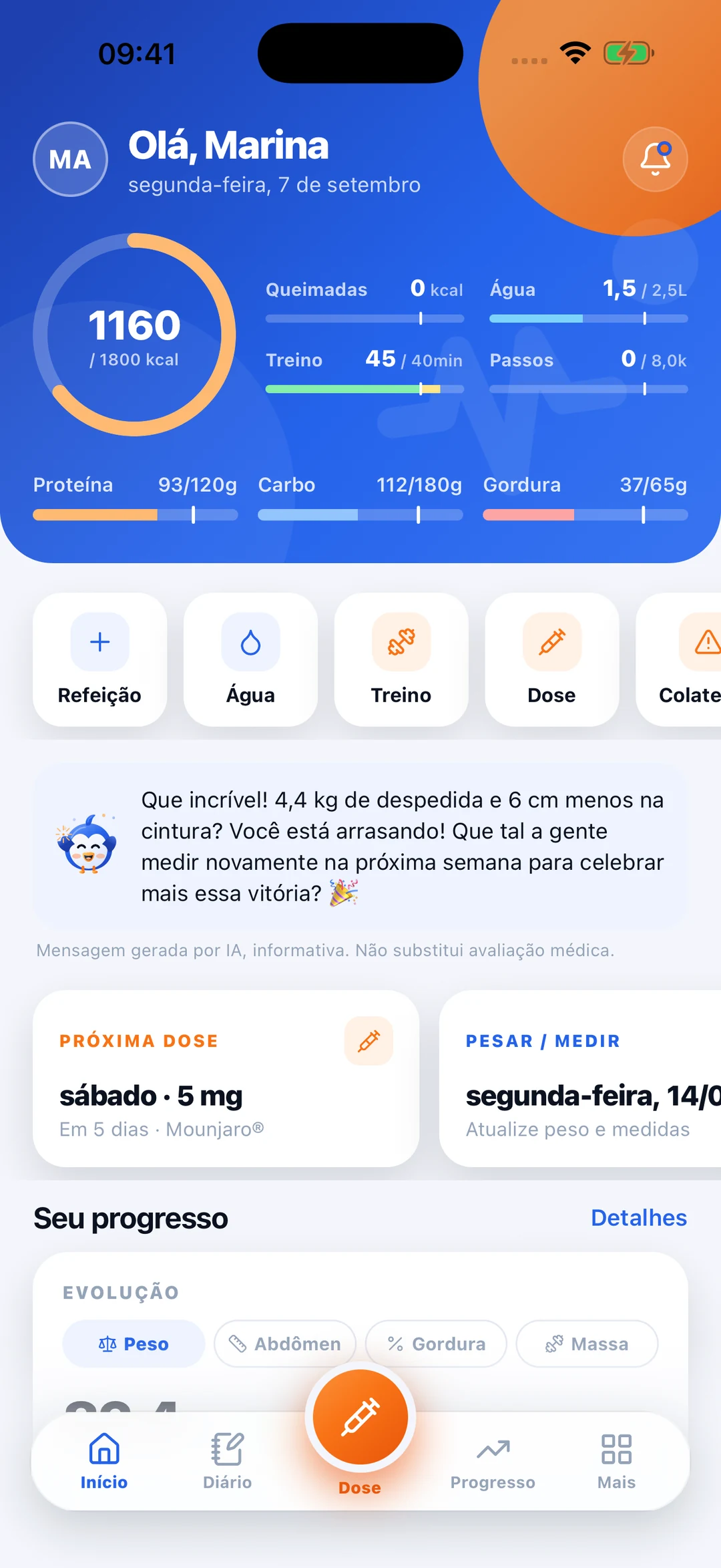 Home do meuMON com resumo da rotina e a Mumi — dados fictícios