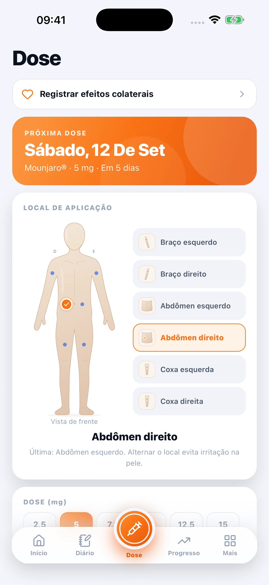 Tela de registro de dose e local de aplicação no meuMON