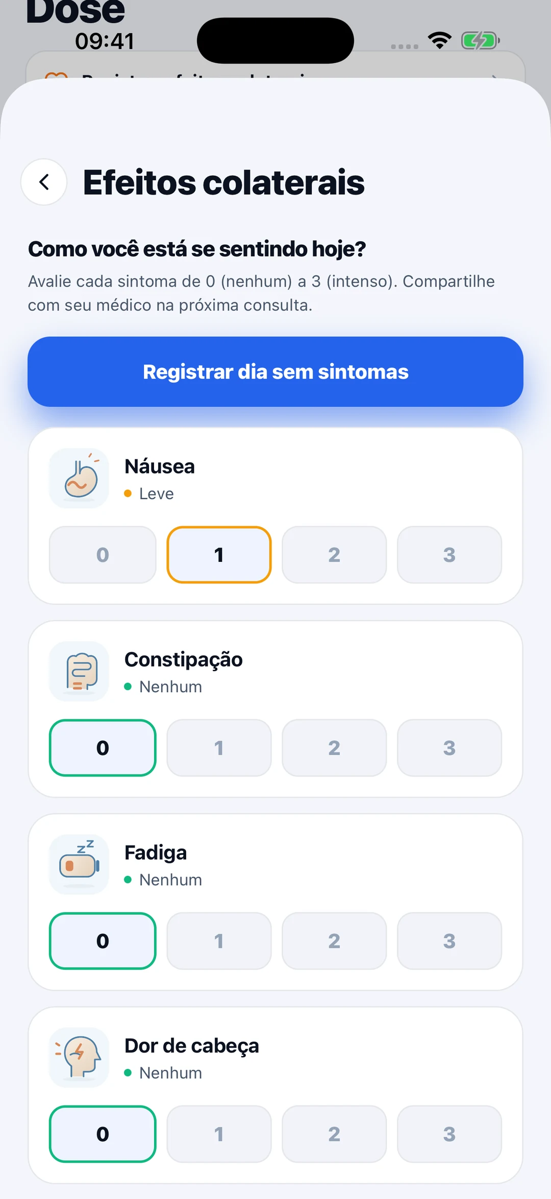Registro de sintomas no meuMON, incluindo náusea e intensidade