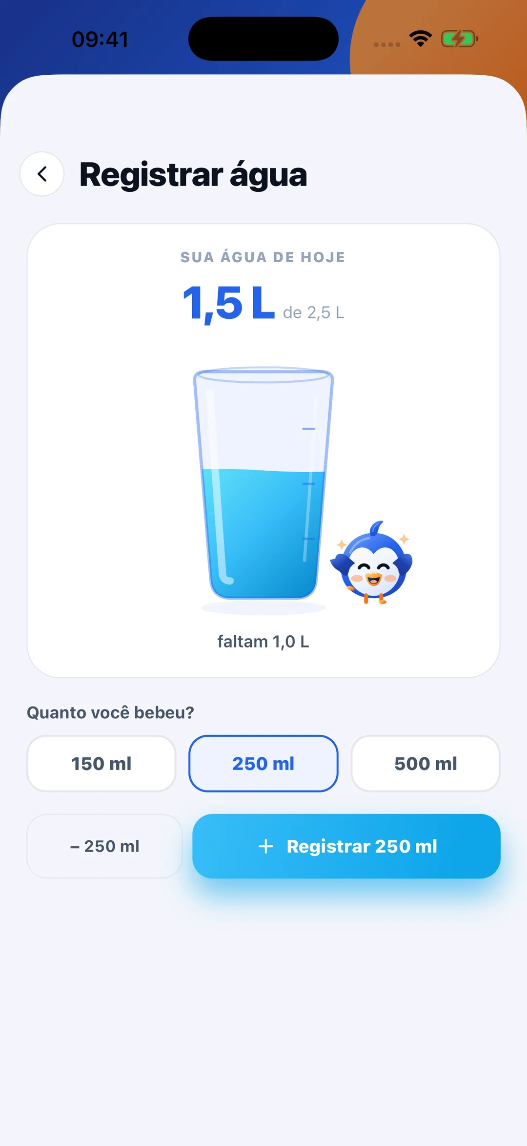 Modal de água do meuMON com copo preenchido e botões para registrar