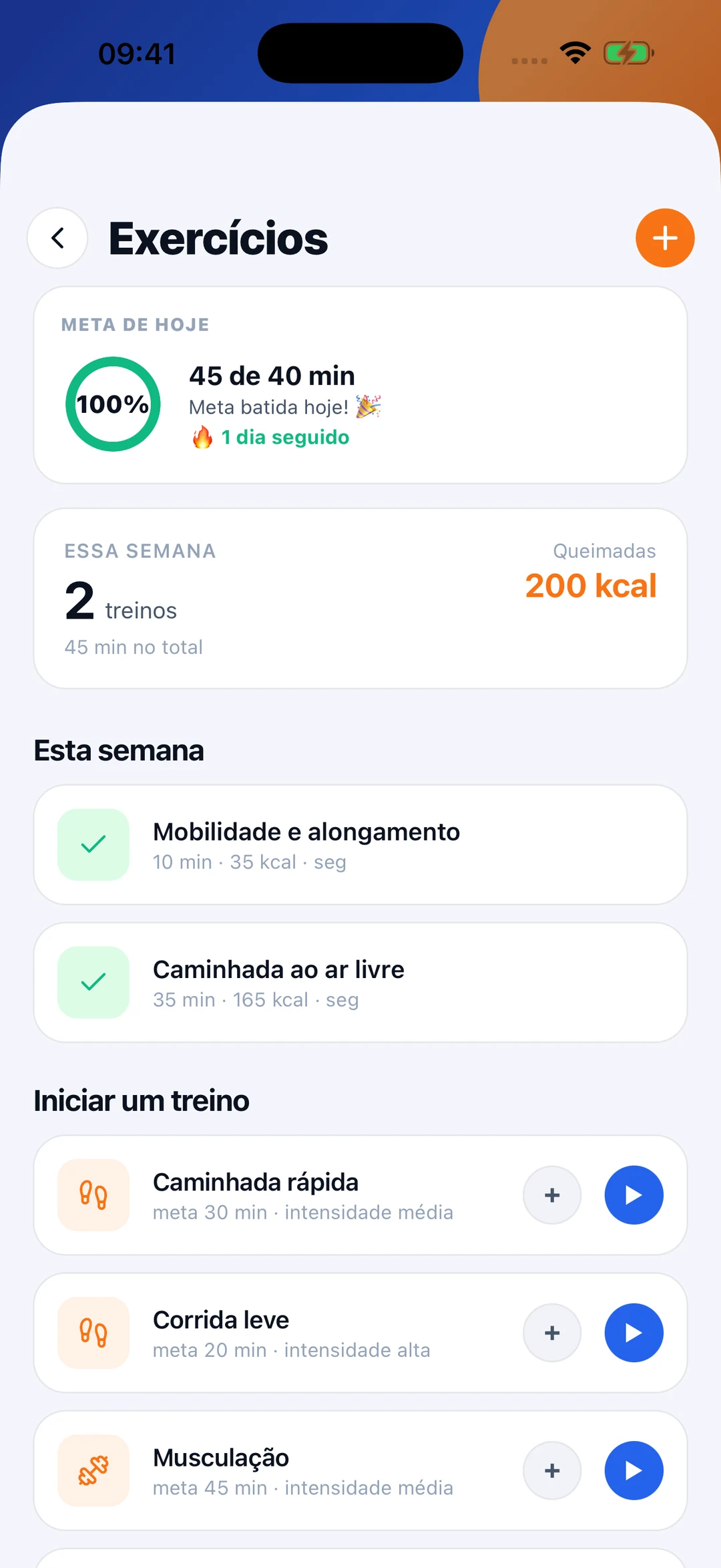 Treinos registrados no meuMON com duração e histórico de atividades