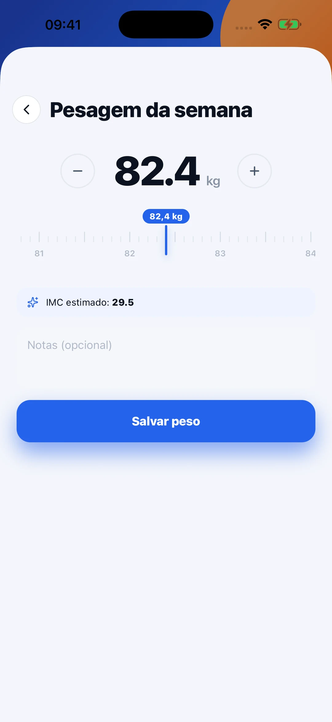 Modal de registro de peso com régua no meuMON