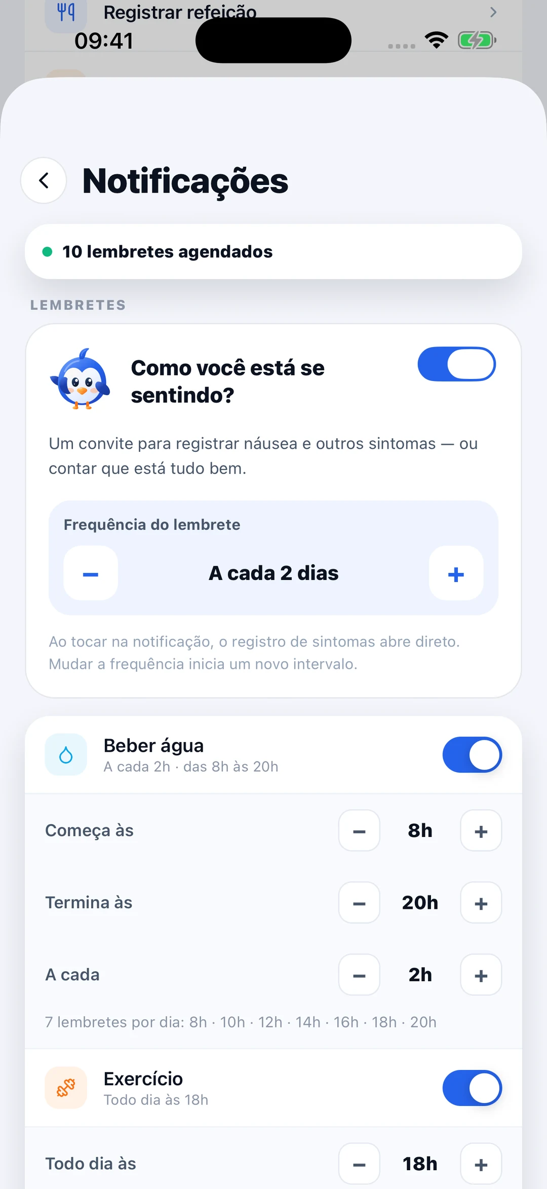 Configuração de lembretes de água, dose e bem-estar no meuMON